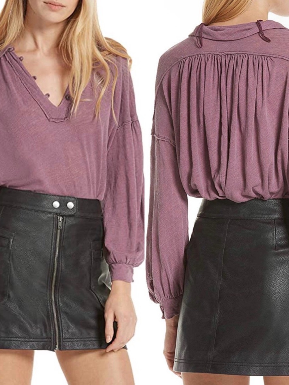 Free People Dusty Mauve V-Neck Gathered Back Blouse